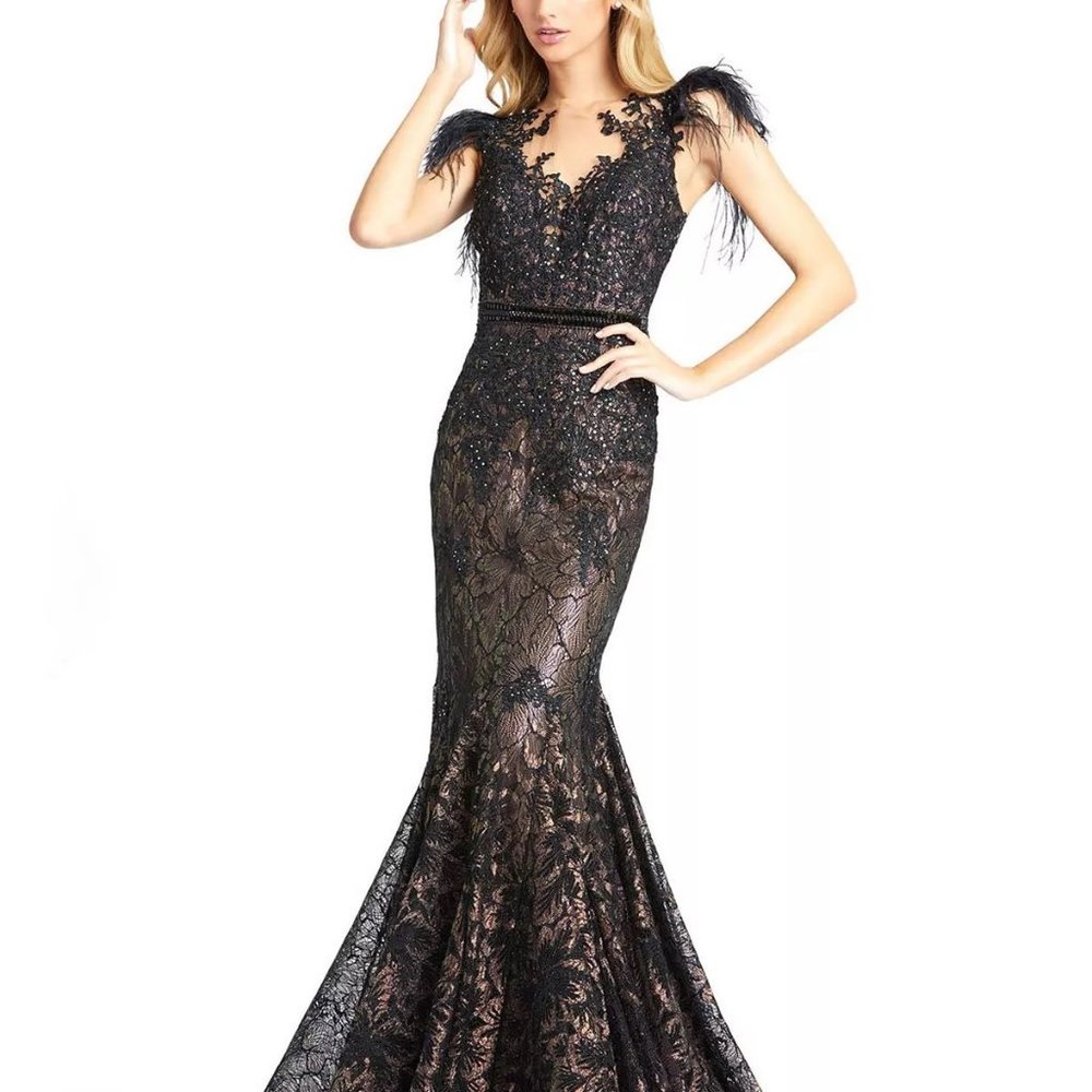 Mac Duggal Embellished Feather Cap Sleeve Illusion Neck Trumpet Gown